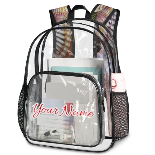 Personalized Large Clear Backpack Stadium Approved Heavy Duty PVC Plastic Custom Transparent Backpacks See Through Bag with Name, Seashells Beach Themed