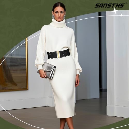 SANSTHS Vintage Stretchy Belt for Women, Womens Wide Elastic Belts for Dresses Coats, Fashion Womens Belts with Gold Buckle