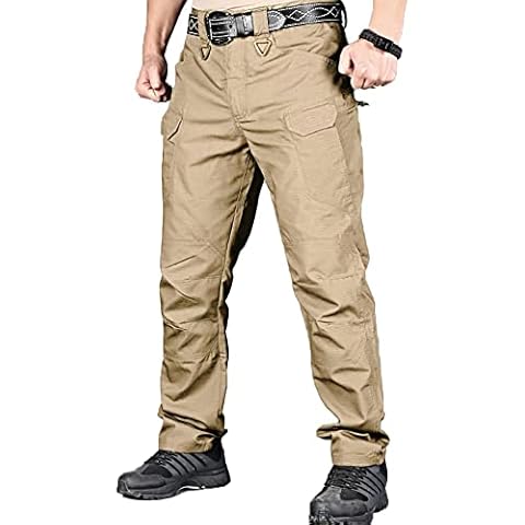 HYCOPROT Men's Hiking Pants Ripstop Water Repellent Lightweight Casual Cargo Pants Quick Dry Army 10 Pockets Work Trousers (Khaki, 34) Cover