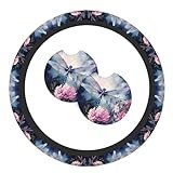Dragonflies and Flowers Steering Wheel Cover with 2 Car Coasters Non Slip Neoprene for Women Men Universal 15 Inch Stylish and Practical Set