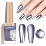 Bevimee Chrome Nail Polish Metallic Mirror Effect, Air Quick Dry Holographic Nail Lacquer Silver Purple Regular Color for Finger Toe Nail French Manicure Art