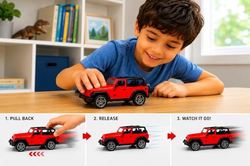 Image of Braintastic Model Diecast Car Toy Vehicle Pull Back Friction with Openable Doors Light & Music Toys for Kids Age 3+ Years (Thar Jeep Small Red)