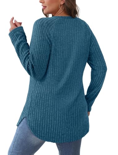 Image of Saloogoe Long Sleeve Shirts for Women 2025 Fall Clothes Tunic Tops Loose Fit Dressy Crewneck Pullover Sweaters Curved Hem