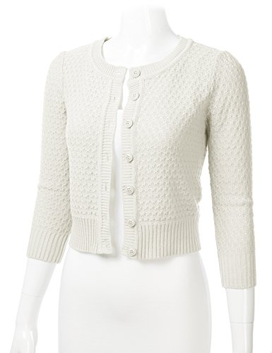 Women's Button Down 3/4 Sleeve Crew Neck Cotton Knit Cropped Cardigan Sweater Ivory Xl #TOP1