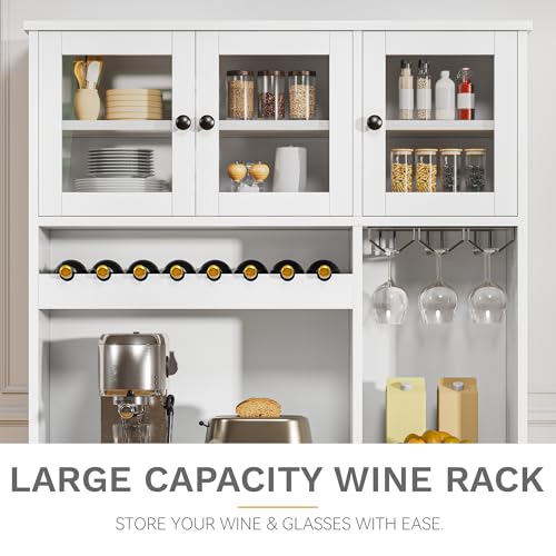 DWVO 71''H Kitchen Pantry Storage Cabinet with Power Outlet, Tall Cabinet with Doors, Shelves & Drawer, Buffet Cabinet with Goblet Holder and Wine Rack for Kitchen, Living Room (41''W, White)