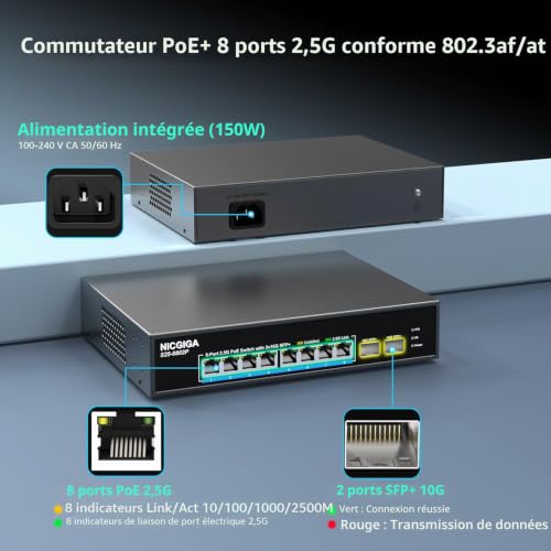 Commutateur PoE 8 ports 2,5 G non géré avec 8 ports 2,5 Go Base-T PoE+@130 W + 2 x 10 G SFP+ Uplink, NICGIGA 10 ports 2,5 Go IEEE802.3af/at Power Over Ethernet, prend en charge WiFi6 AP, NAS, 4K PoE – vue 2