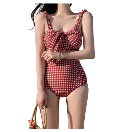 One Piece Swimsuit for Women in Plaid Prints, Retro Print Swimwear with Push Up Padding, Padded Swim Suit with Bow, Red Trikini, Red Bathing Suit, Modest Swimsuit