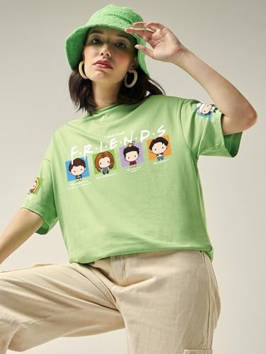 Image of Bewakoof Official Friends Merchandise Women's Graphic Printed Oversized Half Sleeve Round Neck Cotton Jersey