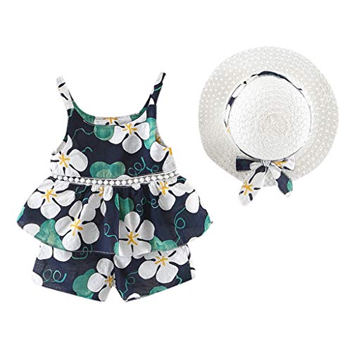 Girls Clothes Outfits, Cute Baby Girl Hawaii Strap Tops Shorts Outfits Hat Casual Set Toddler Infant Kids Clothes Gifts Blue