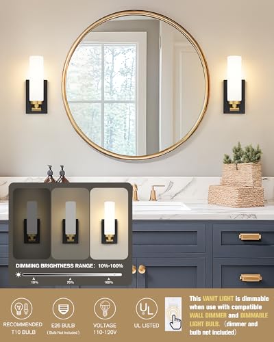 Image of Emak Bathroom Sconces Set of 2, Black and Gold Wall Sconce with Milk Glass Shade, Modern Farmhouse Bathroom Light Fixtures for Living Room, Bedroom, Gallery, WS086-BKBGD-ML-2PK