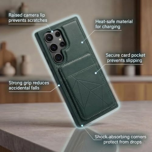 Image of amazon basics Premium Vegan Leather Back Cover with Card Holder and Integrated Mobile Stand for Samsung Galaxy S23 Ultra 5G - Slim Shockproof Wallet Case with Geometric Stitching [Green]