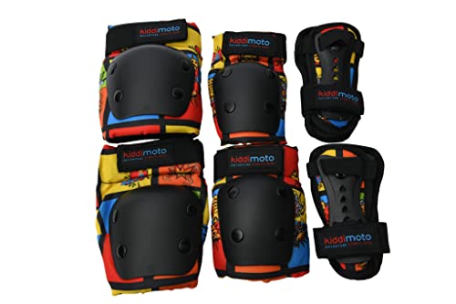 Kiddimoto - Set di ginocchiere per bambini con gomito, pattinaggio, mtb, skateboard, sport su strada, bici e scooter con gomito, ginocchiere e ginocchiere (comic pad, M)