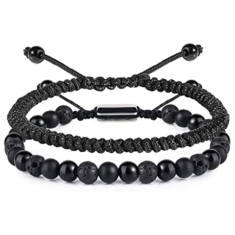 CARITATE Black Beaded Bracelets for Men Boys - 6mm Obsidian Onyx Lava Beads Mens Bracelet Set for Couples - Christmas Gifts Birthday Gifts Mens Jewelry for Boyfriend Husband Him Cover