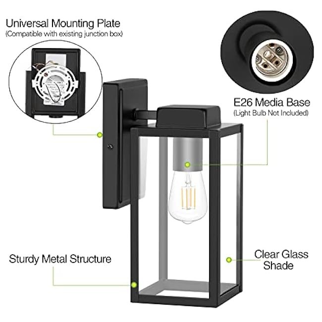 hykolity Outdoor Wall Lantern, Waterproof Exterior Wall Sconce Light Fixture, Anti-Rust Wall Mount Light with Clear Glass Shade, Matte Black Lamp with E26 Socket for Porch, Front Door 2 Pack