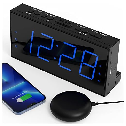 OnLyee Digital Dual Alarm Clocks for Heavy or Deep Sleepers - Vibrating Extra Loud Bed Shaker with 7.5" Large & Bright LED Display for Bedroom - Dimmer, Snooze & Battery Backup - with USB Port(Blue)