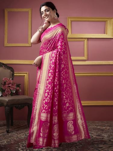 Image of Women's Banarasi Saree Pure Kanjivaram Silk Saree Soft New Ladies Design Wear Pattu Sarees Cotton Party Sari Collections With Blouse Piece For Wedding Sadi, Pink