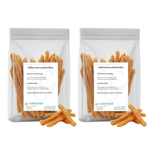 Carnifood® 1 kg Hühnerbrustfilet-Streifen | getreidefrei | fettarm | 2x500g Hühnerfilet Leckerli im Wiederverschließbarem Beutel | Frischepack