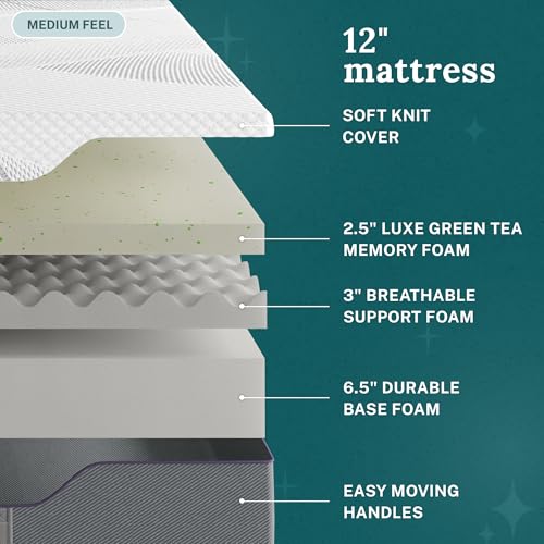 Image of Sleep Innovations Shiloh 12 Inch Green Tea Memory Foam Mattress, King Size, Bed in a Box, Medium Feel