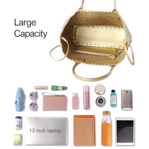 Image of Woven Vegan Leather Tote Bag for Women Retro Handwoven Shoulder Travel Handbag Large Capacity Hobo Bags with Purse (Gold)