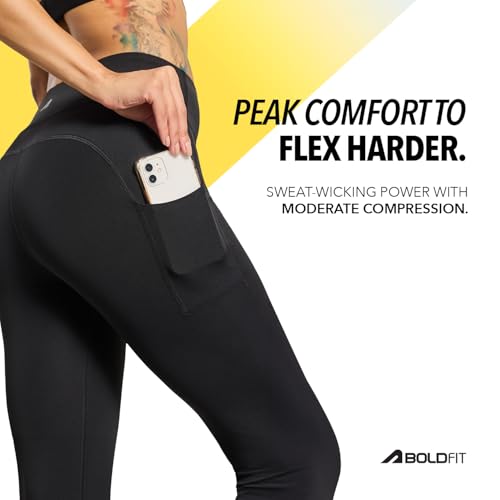 Image of Boldfit Mid-Rise Ankle-Length Gym Leggings for Women - Breathable, Stretchy Polyster Yoga Pants, Sweat-Wicking, Non-See-Through Activewear, Workout Tights Jeggings with Pockets-Black