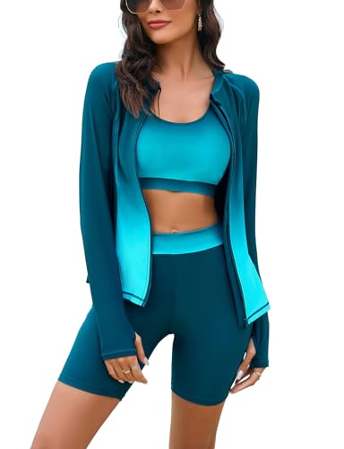 GRACE KARIN Women's 3 Piece Rash Guard Built-in Bra Long Sleeve UV Sun Protection Swimsuit Zip up Swim Top Shirt Modest