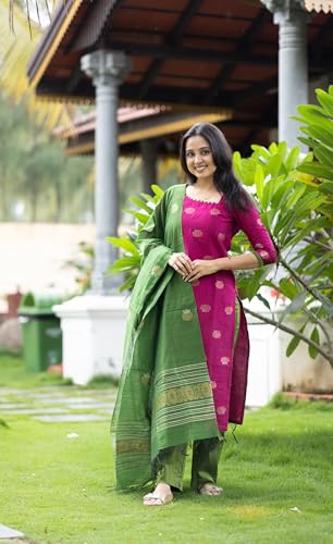 Image of Women's Cotton Silk Kurta Set with Dupatta | Embroidered Straight Kurti with Matching Pants | Traditional Ethnic Wear Suit for Festive, Casual & Office Wear