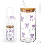 saerryor Glass Tumbler with Straw and Lid for Women Girls,16 oz Purple Flower Bow Glass Drinking Cup for Iced Coffee Bubble Tea Water, Birthday Gift for Mum Auntie Daughter Sisters Best Friend