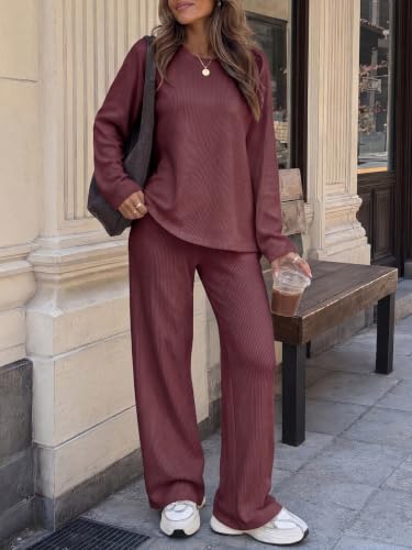 Fisoew Womens 2 Piece Lounge Sets Oversized Tops Wide Leg Pant with Pockets - image 4