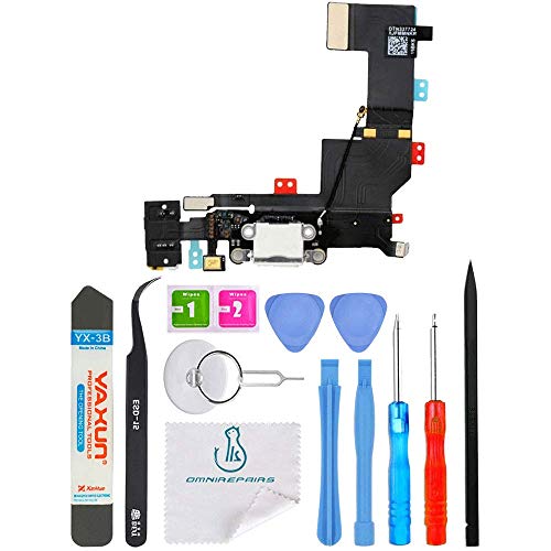 Omnirepairs Charging USB Dock Port Flex Cable Replacement with Microphone, Headphone Audio Jack Assembly Compatible for iPhone 5s Model with Repair Toolkit (White)
