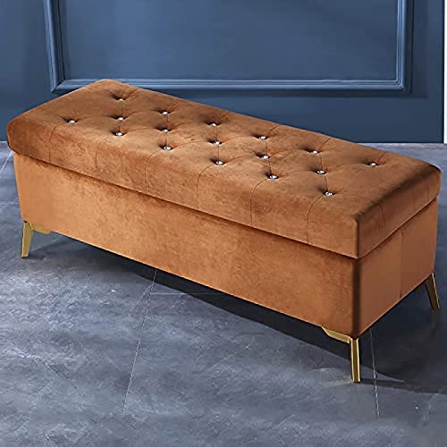 Lujoso banco de almacenamiento tapizado de terciopelo con botones de cristal, moderno extremo de cama, muebles elegantes para decoración de sala de estar, verde, 60 x 42 x 45 cm, marrón, 90 x 42 x 45