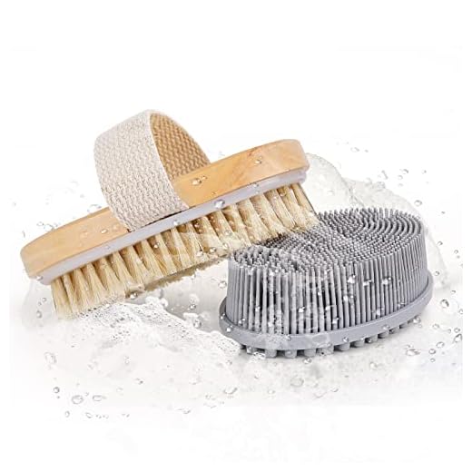 Set of 2 Body Brush-Natural Bristle Dry Skin Exfoliating Brush and Soft Silicone Body Scrubber for Sensitive Kids Women Men All Kinds of Skin to Exfoliate, Improve Blood Circulation (Gray Scrubber)