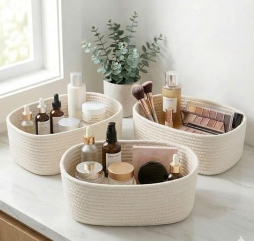 Image of 100% Natural Jute small box mini rope paper storage Round hamper baby nursery tray bucket for Living Kitchen, Office, Drawing Room,fruits, kitchen, office, (cream)