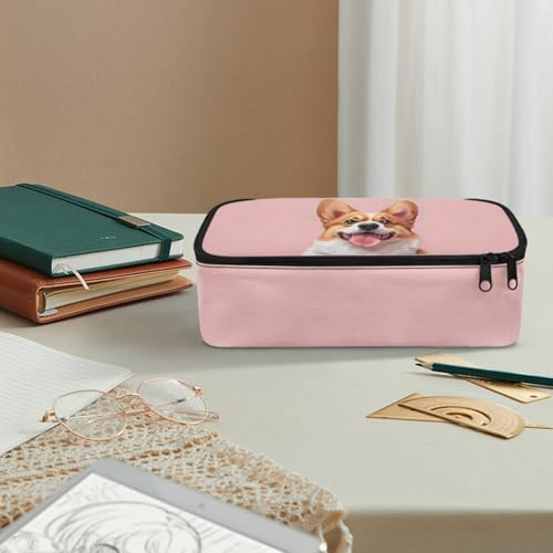 Image of Cute Corgi Girls Pencil Case Large Capacity,Pink Pencil Pouch for Kids Adorable Pencil Bag for Preschool Children Multifunction Pencil Container with Pen Slot for Back to School Gifts