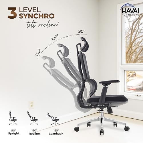 Image of HAVAI Neo High Back Ergonomic Mesh Office Chair | Multi-Lock Mechanism | Chrome Base | 3D Armrests with PU Pads | Adjustable Headrest | Breathable Mesh Back (Black)
