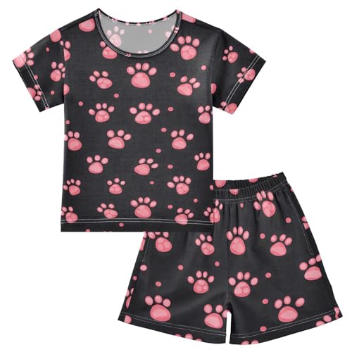 ALAZA Cute Dog Paw Print Polka Dot Black Pajamas Set Short Sleeve Cotton Sleepwear Summer Pjs 2 Piece 5-14Y