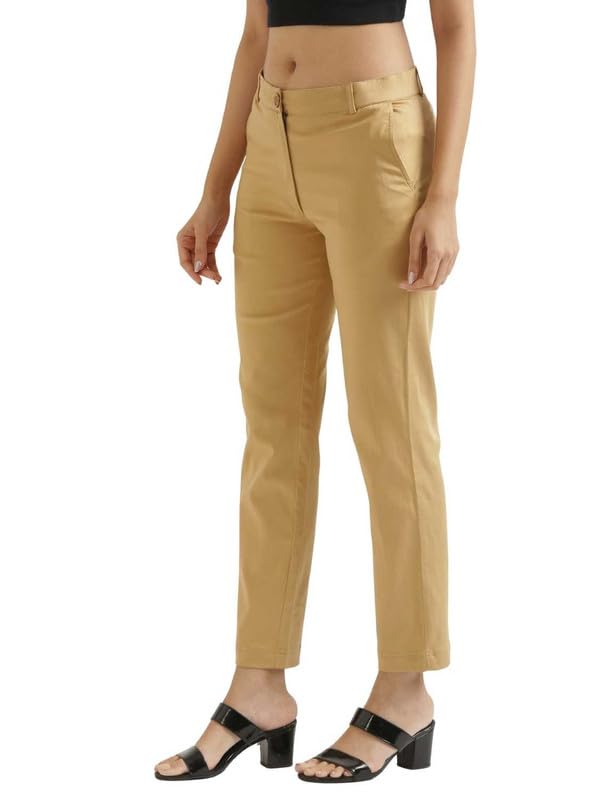 Image of SAADAA Women Pants Formal Straight Fit Cotton Satin Lycra Pant, Regular Fit Trouser for Office Work & Casual wear- Mid Rise, Elasticated Waistband, 4 Deep Pockets