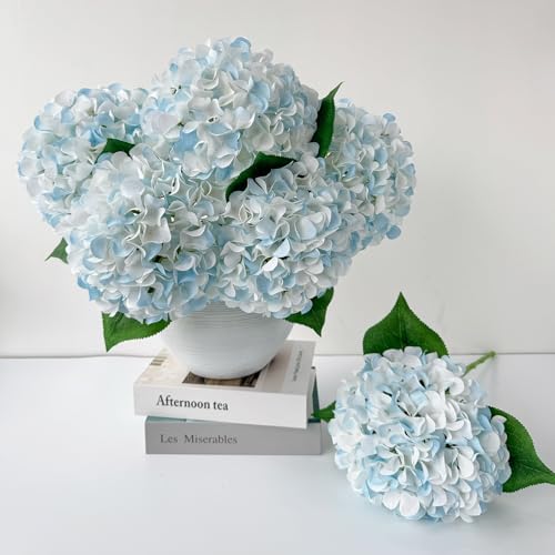 ZYTUYO 5 Pcs White & Light Blue Silk Hydrangeas Artificial Flower Boho Dried Touch 20 Faux Hydrangeas for Indoor Home Decor Kitchen Living Room Outdoor Porch Wedding Flower Arrangement