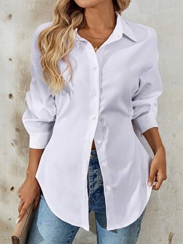 SUNNOW Women's Elegant Long Sleeve Vacation Shirt Button Down Blouse Gathered Waist Lightweight Travel Tops2