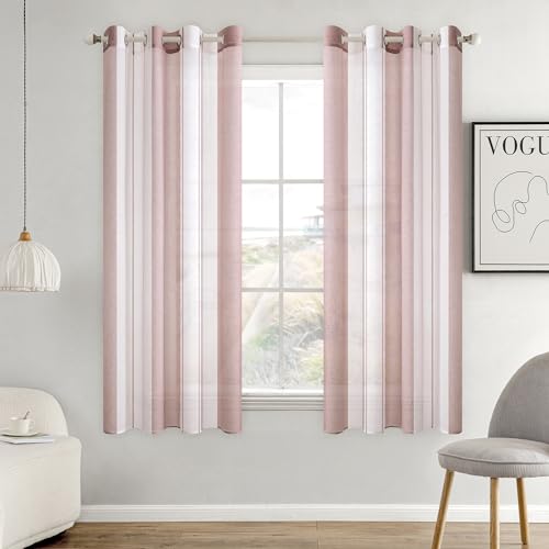 MIULEE Rideaux Voilage à Rayures Blancs et Rose Foncé, Voilages Intérieurs avec Oeillets, Beaux Voile Rideau Voilage Fenetre Chambre, Lot de 2 Transparent...