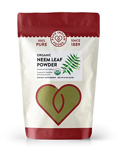 Pure Indian Foods Certified Organic Neem Leaf Powder (Azadirachta Indica) - 8 Oz Resealable Bag, Natural, Vegan Vegetarian Gluten-Free Non-Gmo, Hair, Skin, Immune, Liver Cleanse, Inflammatory Response #TOP5