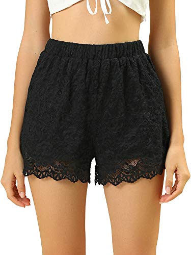 Allegra K Women s Floral Lace Scalloped Hem High Waist Elastic Waist Summer Beach Shorts Medium Black