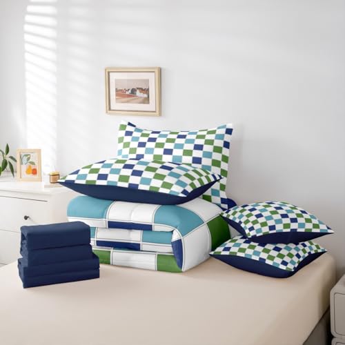 Image of Erosebridal Blue Green Checkered Comforter Set Full Size 7 Piece Navy Teal White Grids Plaid Bedding for Kids Boys Teen Men,Geometric Buffalo Gingham Bed in A Bag Modern Fashion Bed Set Room Decor