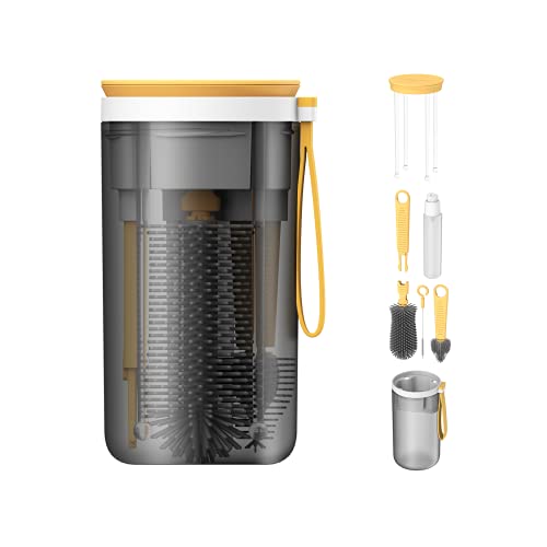 Image of YOTIME Travel Baby Bottle Brush Set with Extendable Silicone Bottle Brush, Nipple Brush, Magnetic Baby Bottle Drying Rack, Straw Cleaner Brush, Baby Bottle Soap Dispenser, Yellow