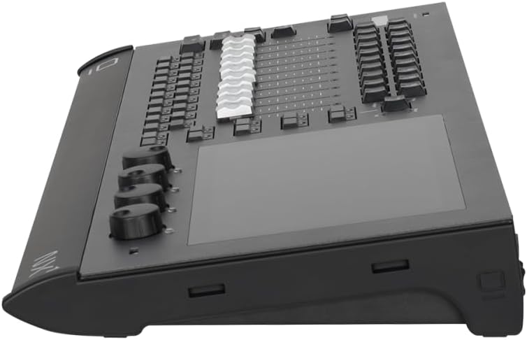 Kampinė pusė view of the Obsidian NX1 lighting controller, showing the faders and screen from a lower perspective.