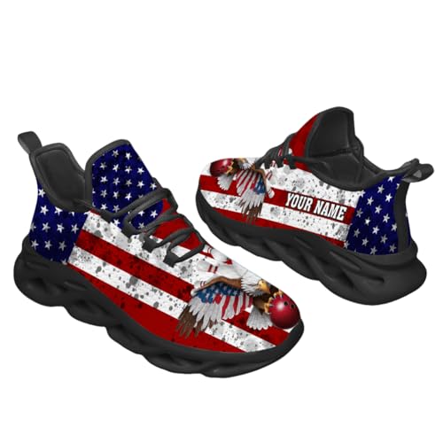 3D Printed Sports Shoes with Bowling-Themed Pattern, Eagle Flag Custom Shoes for Bowler and Bowling Team