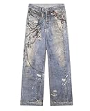 Lafaguw Baggy Jeans for Woman Men Chain Printed Jeans Y2K High Waisted Wide Leg Pants Casual Goth Grunge Clothes(Blue1-M)