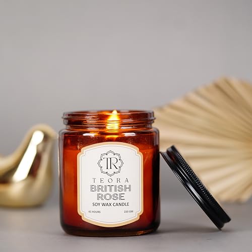 Image of Teora By Bindian Luxury Soy Wax Scented Candle in Amber Glass Jars | 220g Each | 45H Long Burn Time | Natural Smokeless Wax for Home Decor, Spa & Aromatherapy Candles (British Rose)