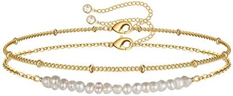 Dainty Gold Bracelets for Women, 14K Gold Plated Adjustable Layered Beads Bracelet Cute Evil Eye Oval Chain Pearl Bar Turtle Gold Bracelets for Women Jewelry