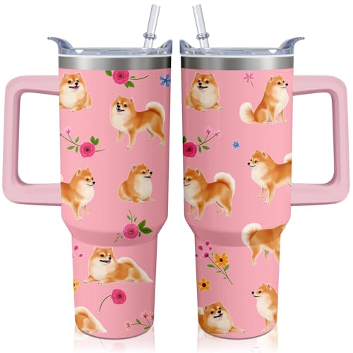 40oz Pomeranian Dog Tumbler with Handle and Straw, Cute Puppy Stainless Steel Insulated Cup with Lid and Straw, Travel Coffee Mug Water Bottle, Birthday Mothers Day Gifts for Women Men Animal Lovers