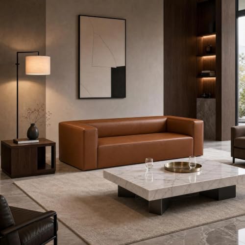 Image of Faux Leather Sofa, 92.5 inch, Modern Curved Luxury Couch for Living Room | 2026 New Luxury Curved Faux Leather Sofa with High-Stretch Upholstery, Ultra-Soft Comfort and Vintage-Inspired Style